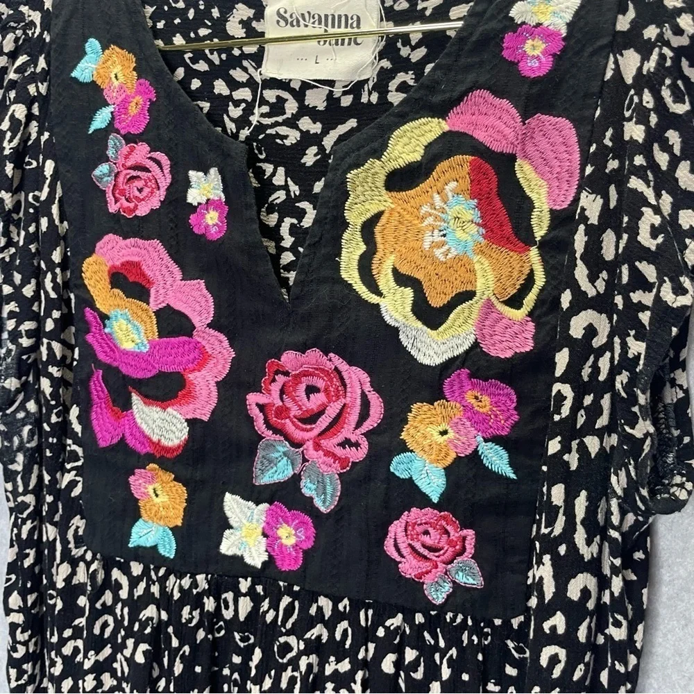 Savanna Jane Notch Neck Boho Leopard Print with Floral Embroidery in Black